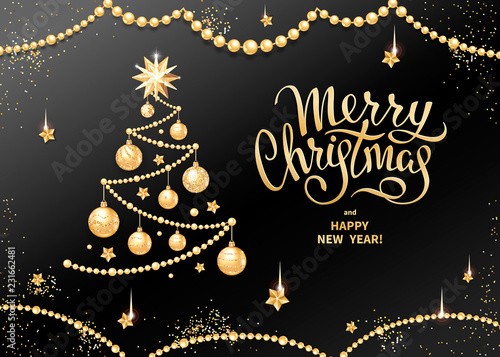 Merry Christmas greeting card or banner template with Handwritten lettering on a black background. Decorative Christmas tree with realistic golden glass balls, stars and sequins. Vector illustration