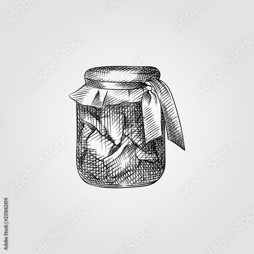 Hand Drawn Jar of Pickled apples Sketch Symbol isolated on white background. Vector glass jar In Trendy Style. Glass canning jars hand drawing sketches elements