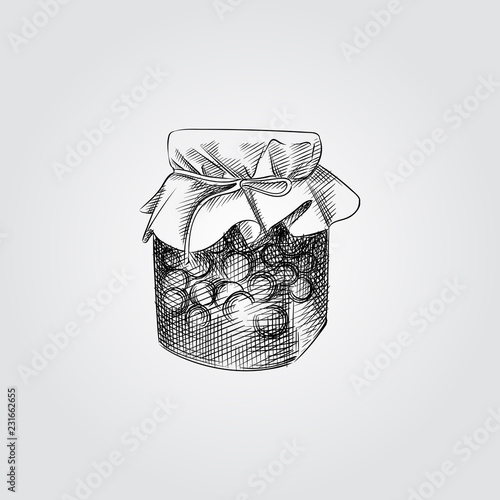 Hand Drawn Berry Jam glass jar Sketch Symbol isolated on white background. Vector glass jar In Trendy Style. Glass canning jars hand drawing sketches elements