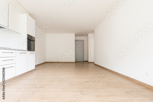 Living room with kitchen and large white wall
