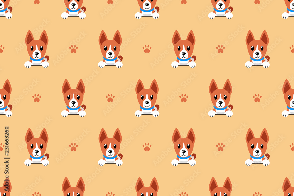 Vector cartoon basenji dog seamless pattern for design.