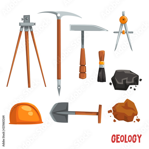 Geological or mining industry equipment, geodetic instruments and tools vector Illustration on a white background