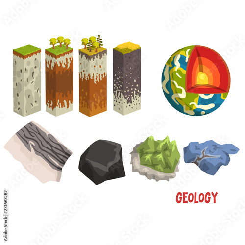 Geology science elements, stratigraphic columns, Earth detailed structure,mineral stones vector Illustration on a white background