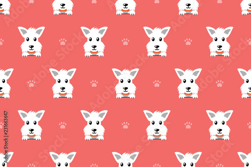 Vector cartoon character white scottish terrier dog seamless pattern for design.