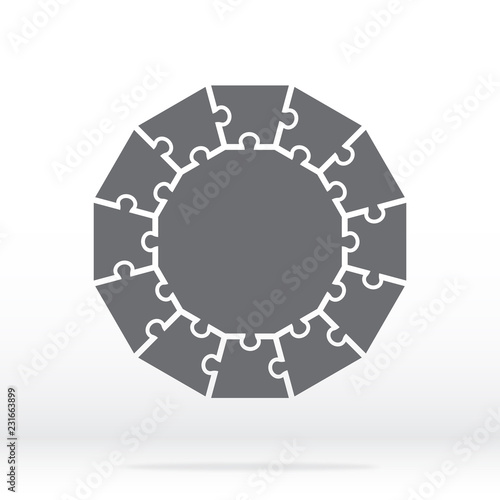 Simple icon polygon puzzle in gray. Simple icon Puzzle of twelve polygonal pieces and center on gray background. Flat design. Vector illustration EPS10.
