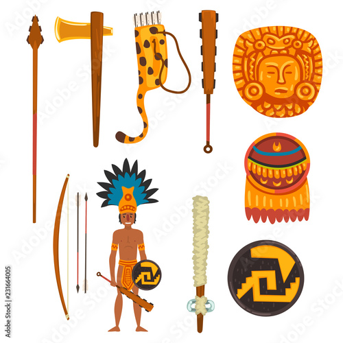 Maya civilization symbols set, ancient American tribal culture elements vector Illustration on a white background