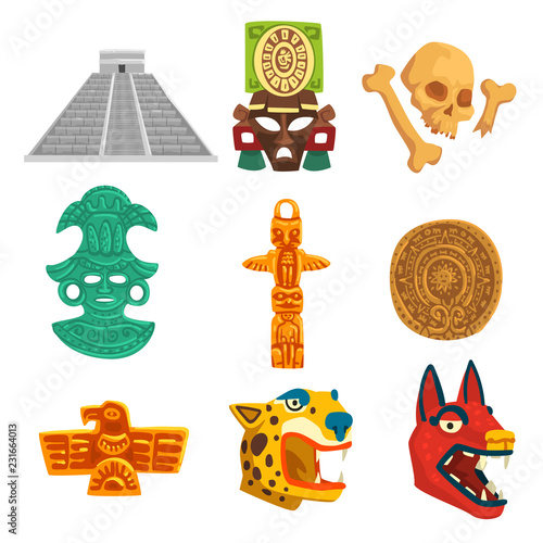 Maya civilization ethnic symbols set, American tribal culture elements vector Illustration on a white background