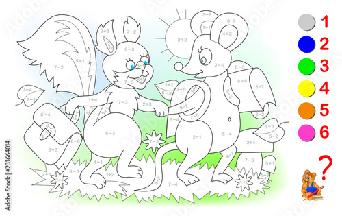 Educational page with exercises for children on addition and subtraction. Need to solve examples and to paint the animals in relevant colors. Developing skills for counting. Vector image.
