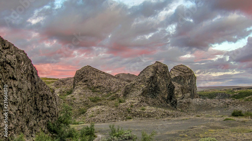 Columnar basalt rock formations at Vesturdalur during sunset time, Asbyrgi, Northern Iceland