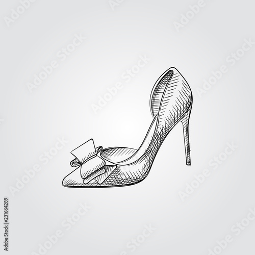 Hand Drawn elegant wedding shoe Sketch Symbol isolated on white background. Vector of Wedding elements In Trendy Style. High heeled shoe in sketch style.