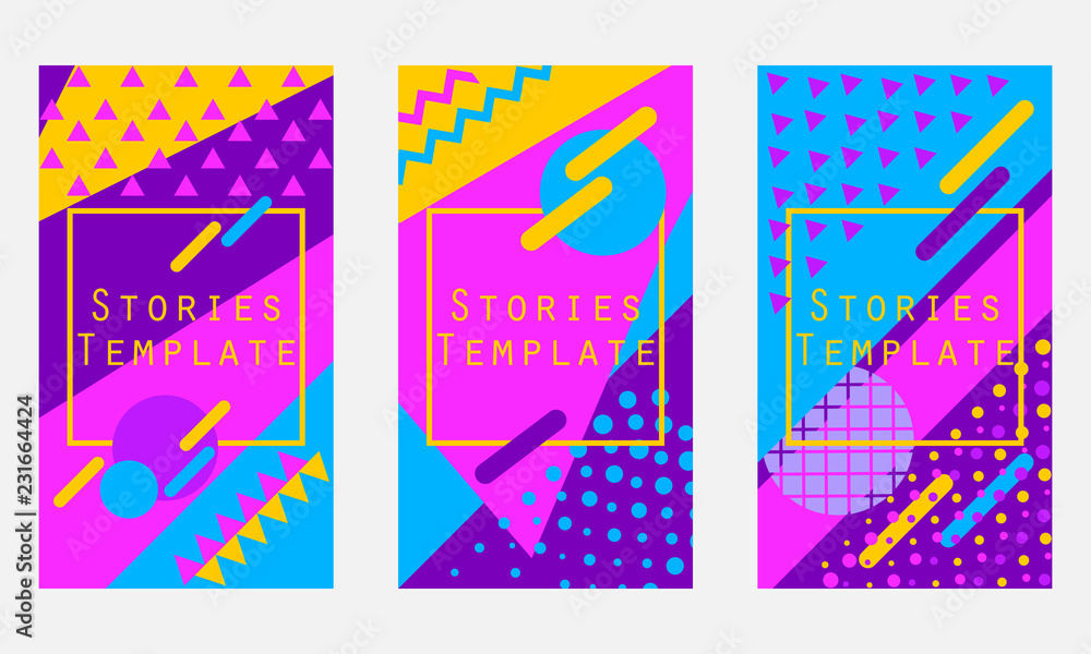 Stories template memphis style. Geometric objects of the 80s and 90s. Vector illustration