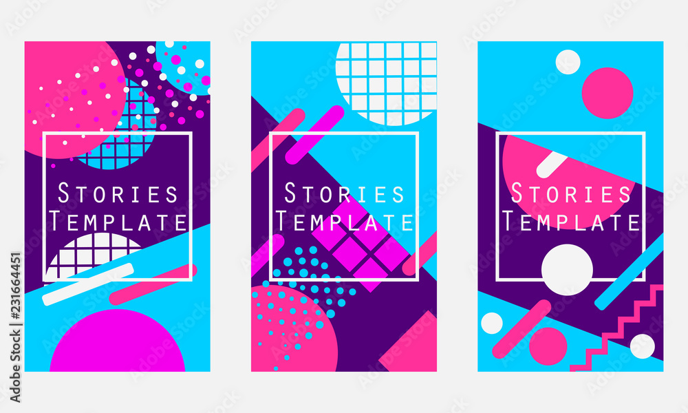 Stories template memphis style. Geometric objects of the 80s and 90s. Vector illustration