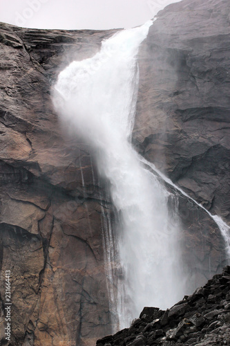 Sotefossen falls, the highest in cascade of four waterfalls in Husedalen valley, Kinsarvik, Norway