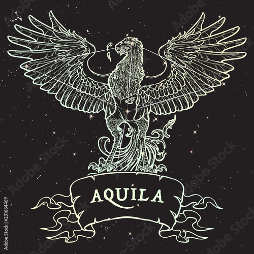Constellation of Aquila. Black Eagle sitting on a banner with a sign. Accurate line drawing isolated on black night sky background with stars. EPS10 vector illustration