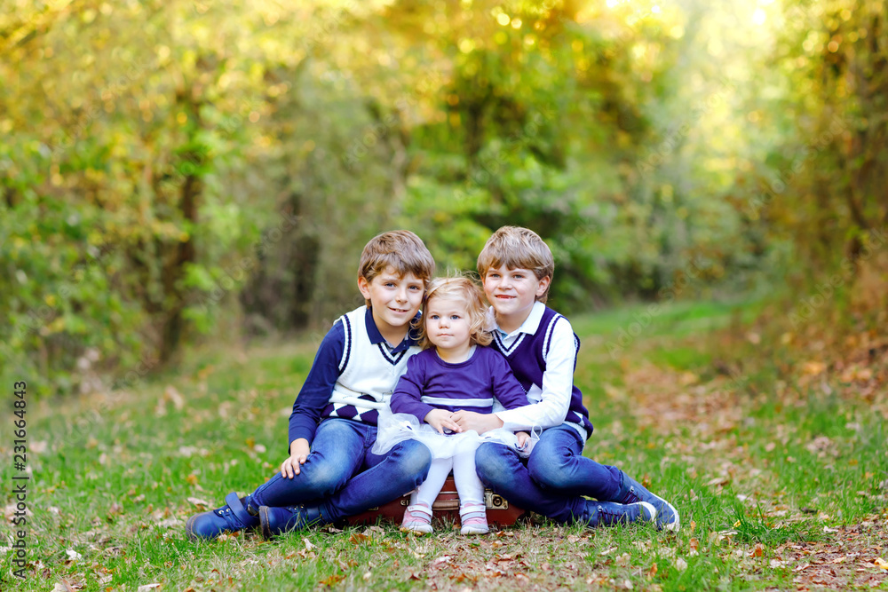 Portrait of three siblings children. Two kids brothers boys and little cute toddler sister girl having fun together in autumn forest. Happy healthy family playing, walking, active leisure on nature Portrait of three siblings children. Two kids brothers boys and little cute toddler sister girl having fun together in autumn forest. Happy healthy family playing, walking, active leisure on nature