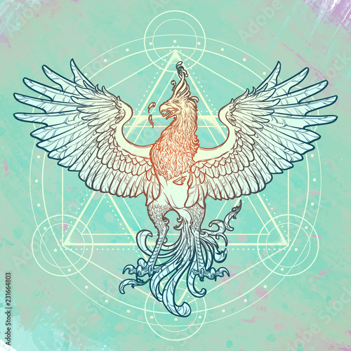 Mythycal bird Phoenix. David's star on a background. Alchemy symbol. Tattoo, textile, poster design. Sketch isolated on textured watercolor background. EPS10 vector.
