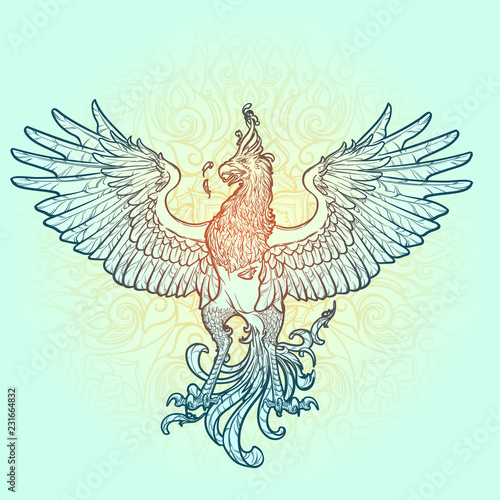 Phoenix or Phenix magic creature from ancient greek myths. Heraldic supporter. Sketch isolated on white background. EPS10 vector illustration.