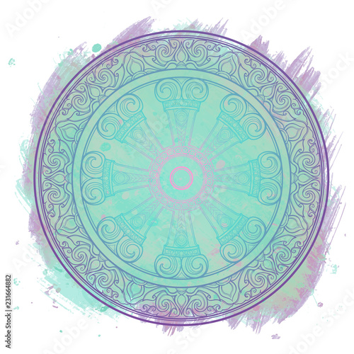 Dharma Wheel, Dharmachakra. Symbol of Buddha's teachings on the path to enlightenment, liberation from the karmic rebirth in samsara. Tattoo design. Textured background. EPS10 vector illustration