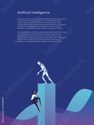 Artificial intelligence robot helping woman climb higher vector concept. Symbol of assistance, help and support from future advanced technology.