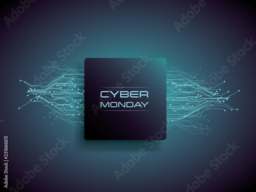 Cyber Monday sale banner vector concept with modern pcb circuit lines in background. Digital store, e-shop deals and special offers advertising and commercials.