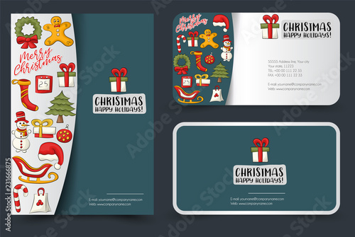 Christmas and New Year flyer and business cards set. Background for advertisement, invitation, brochure template. Hand drawn doodle cartoon style modern winter holidays concept. Vector illustration.