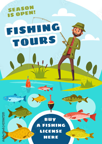 Fishing tours for fishers poster with fish in lake