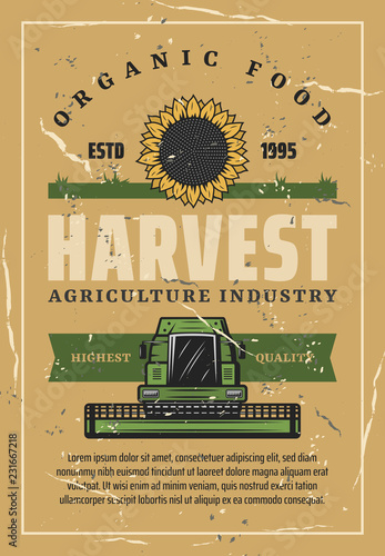 Harvest retro poster, sunflower and combine