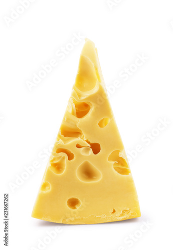 A piece of cheese with holes on a white background