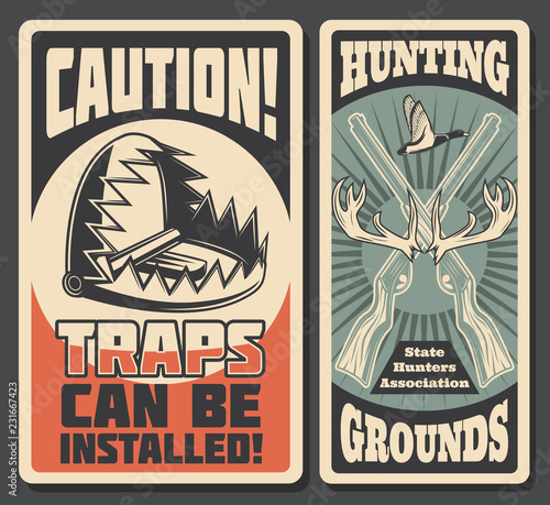 Hunting grounds retro posters with dangerous traps