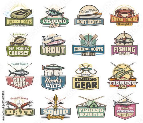 Fishery icons, fishing sport items and fish