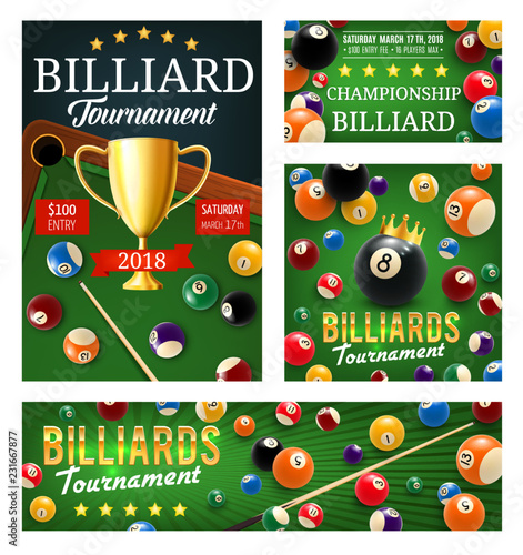 Billiard or pool tournament, cups and balls