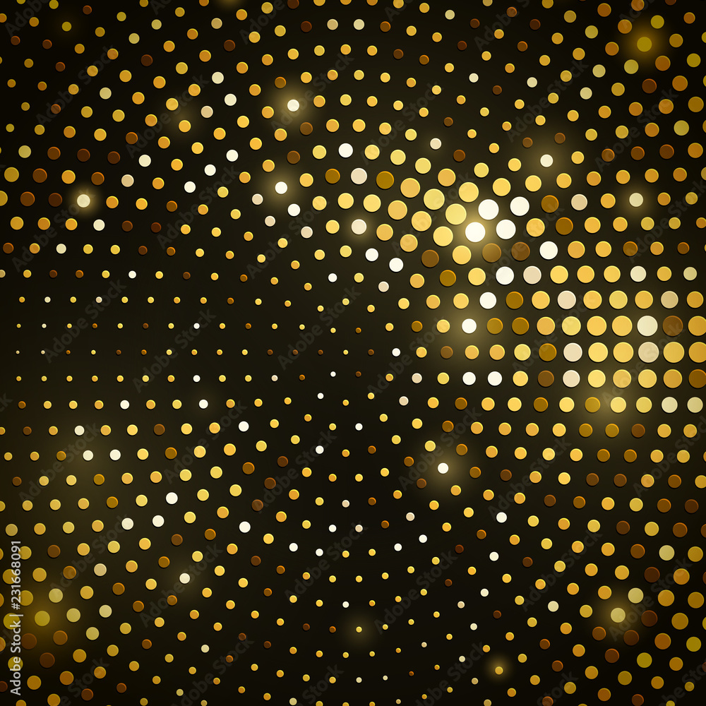 Abstract black background with retro golden glitter halftone ornament. Template luxury background with gold stamped dotted pattern. Vintage cover decorative vector design element.