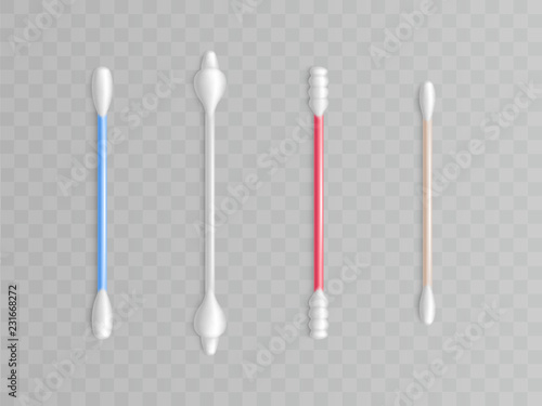 Vector collection of cotton buds - different forms and types for cleanliness. Realistic toiletries, bathroom object. Healthcare, makeup accessory. Swab on stick, plastic rod. Cosmetic tools.