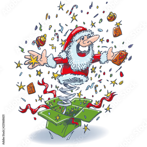 Weihnachtsmann springt aus einer Box als Überraschung 