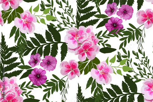 Floral seamless background pattern with different flowers and leaves. Botanical illustration  hand drawn. Textile print  fabric swatch  wrapping paper.