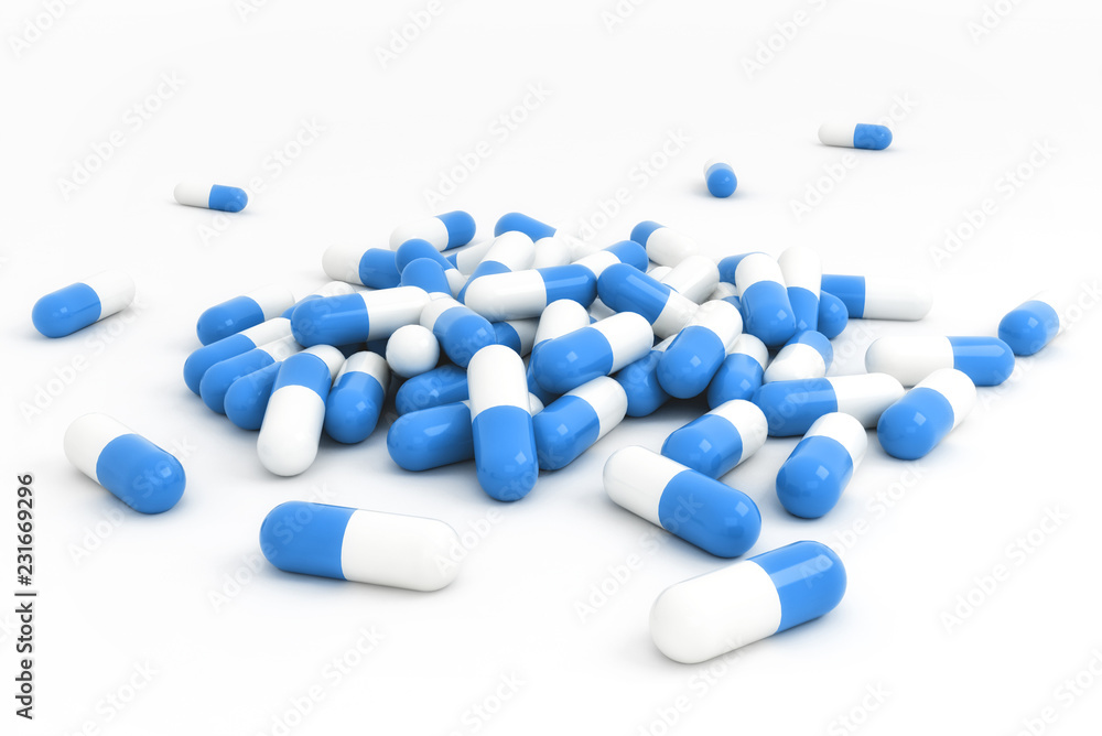 Group of blue capsules on white background bright light
