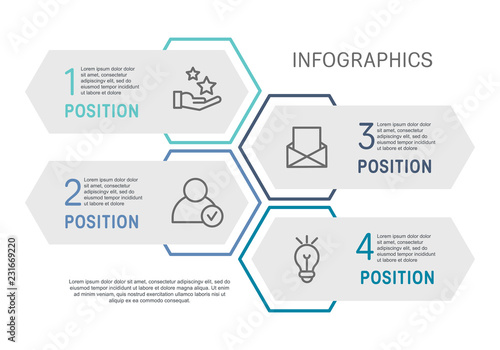 Flat line vector illustration. Infographic template with four elements, hexagons, rectangle. Timeline step by step. Designed for business, presentations, web design, diagrams, training with 4 steps
