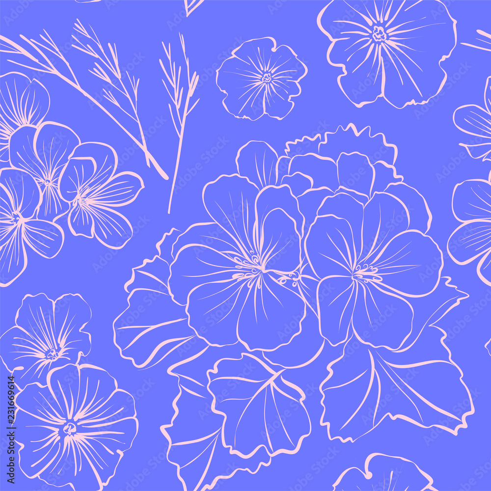 Floral seamless background pattern with different flowers and leaves. Botanical illustration  hand drawn. Textile print, fabric swatch, wrapping paper..