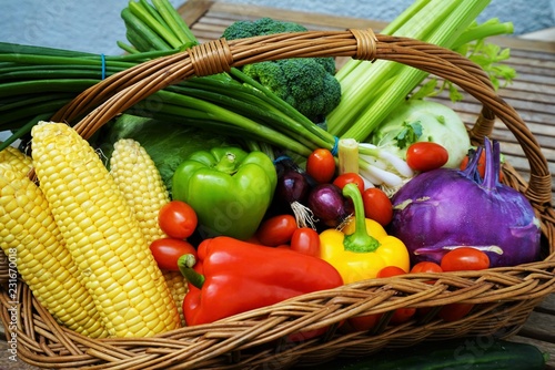 Fresh organic fruits and vegetables in a basket