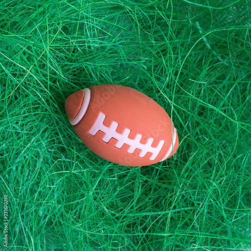 Flat lay of American football ball toy on grass abstract.