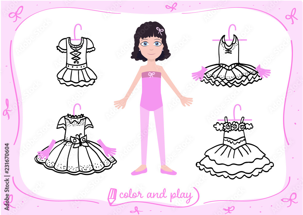 Young girl as little ballet dancer. Dress up paper doll in cartoon