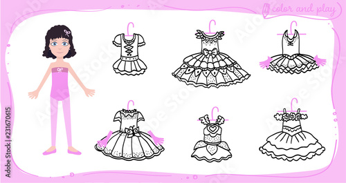 Little ballet dancer girl. Dress up paper doll in cartoon style with ballet tutus