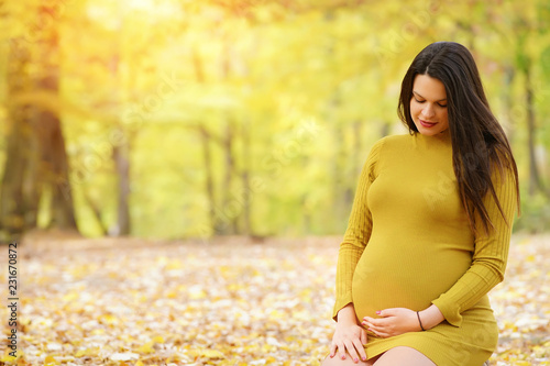 Beautiful pregnant woman kneeling in autumn park , looking at her stomach. Lens flare 