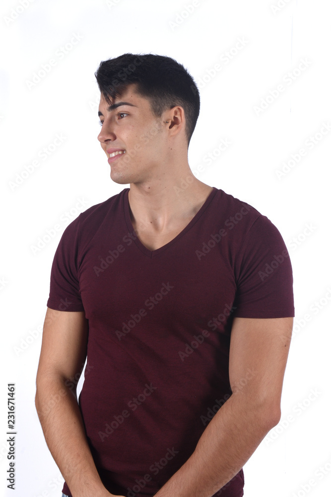 portrait of a young man look side on white background portrait of a young man look side on white background