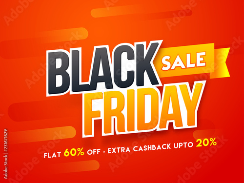 Sticker style text Black Friday with flat 60  and extra 20  discount offer on glossy red background. Advertising poster or template design.
