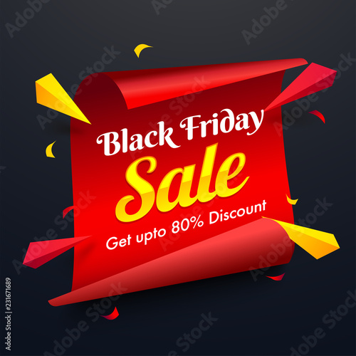 Scroll paper style template or poster design with 80% discount offer and abstract elements for Black Friday Sale.