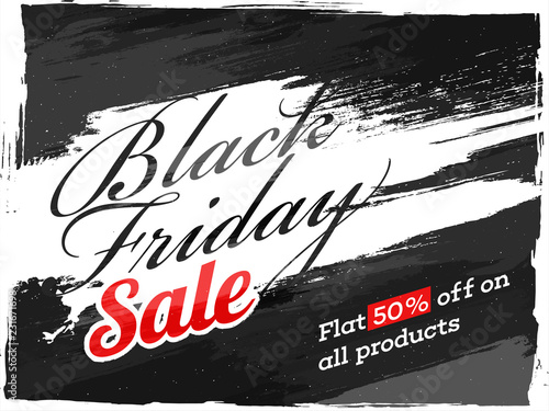 Creative poster or banner design with 50% discount offer for Black Friday Sale.