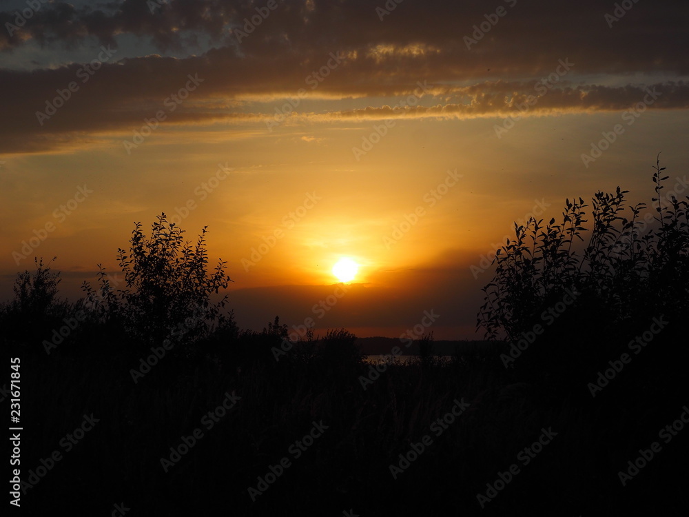 Sunset. On the big river. Beautiful sky. Tree and leaves. Summer. Russia, Ural, Perm region Sunset. On the big river. Beautiful sky. Tree and leaves. Summer. Russia, Ural, Perm region