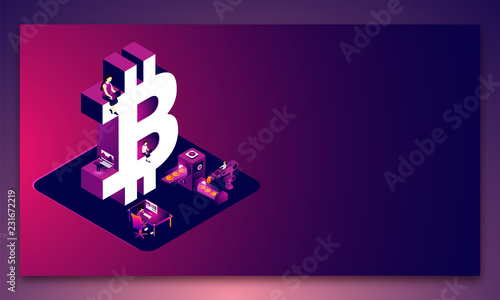 Miniature people working together with 3d sign of bitcoin on glossy background for Crypto mining concept.