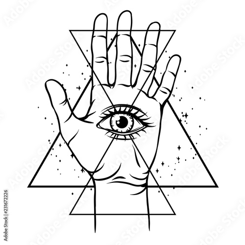 Open hand with all seeing eye symbol.